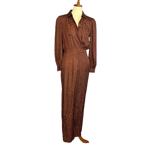 Lovers + Friends Cheyann Satin Jumpsuit Brown SMALL Wrap Split Hem Leopard NEW - Picture 6 of 9